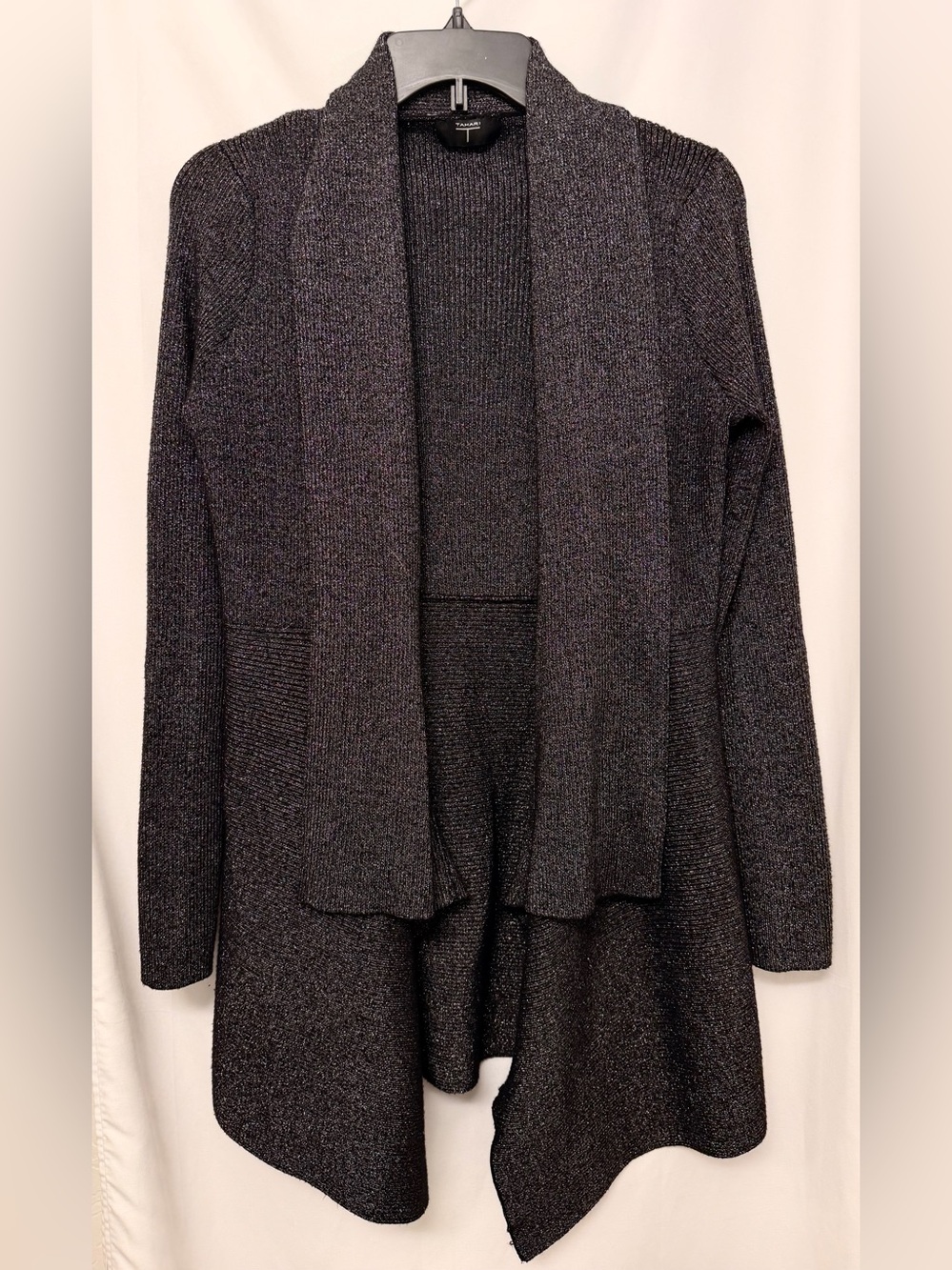 Tahari Metallic Shimmer Open Front Drape Cardigan Sweater Women’s Large